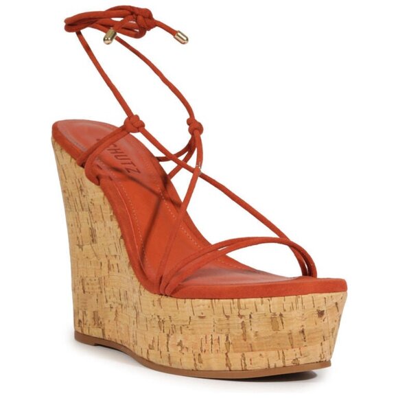 Like new Schutz Calabria Wedge in Sunset Ochre platform red suede sandal cork - Picture 3 of 9